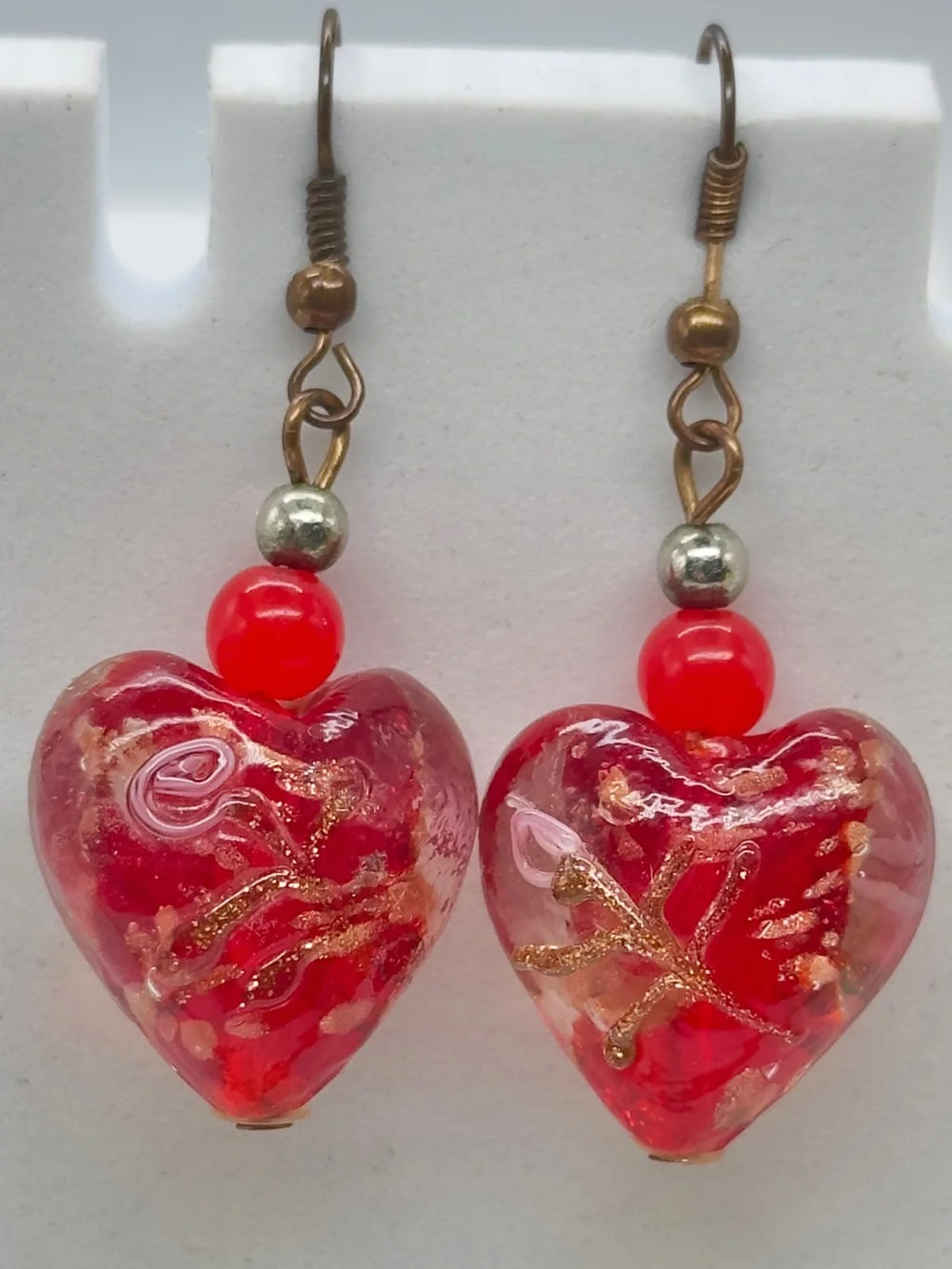 Art Glass Heart Drop Earrings Murano Style Red Hooks Pierced Valentines